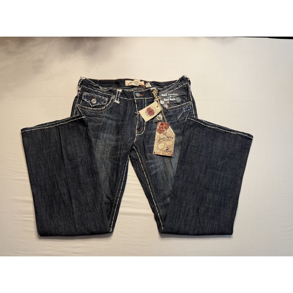 Laguna Beach Jeans Mens 40 Swarovski Skull Hand Stitch Distressed Made in USA De